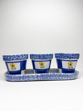 Vintage Himark Portugal Pottery Window Flower Pots Blue Checkered Sponge Painted